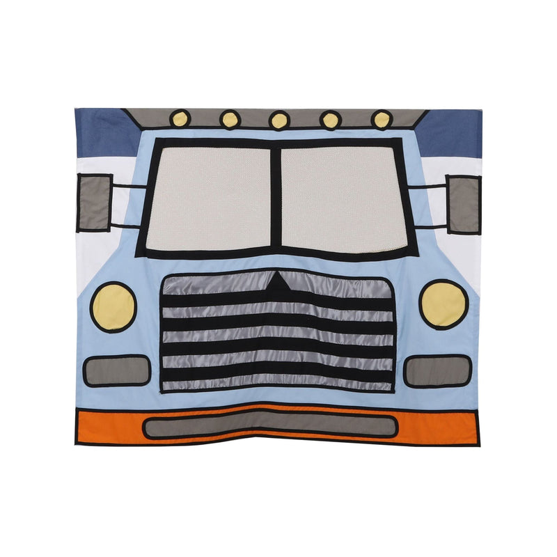 Children's truck-themed blanket with a colorful design.
