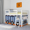 Kids' loft bed with truck theme and "Work Zone" sign, perfect for boys' rooms.