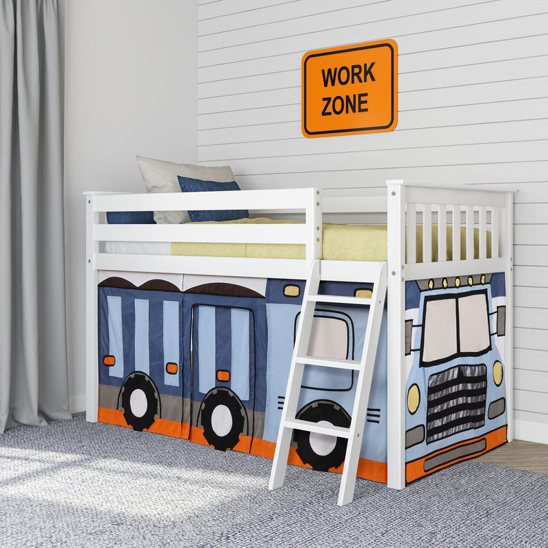 Kids' loft bed with truck theme and "Work Zone" sign, perfect for boys' rooms.