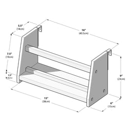 Wall-mounted spice rack dimensions diagram, featuring detailed measurements in inches and centimeters for optimal kitchen organization.