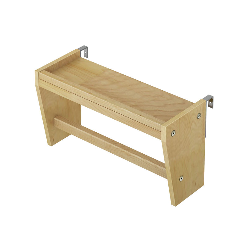 Light pine wooden wall shelf with galvanized L-brackets mounted at rear corners, DIY floating shelf hardware close-up