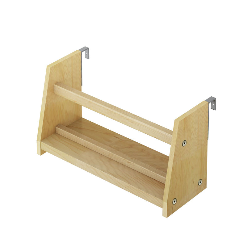 Wooden wall-mounted shelf with metal brackets, ideal for home storage and organization.