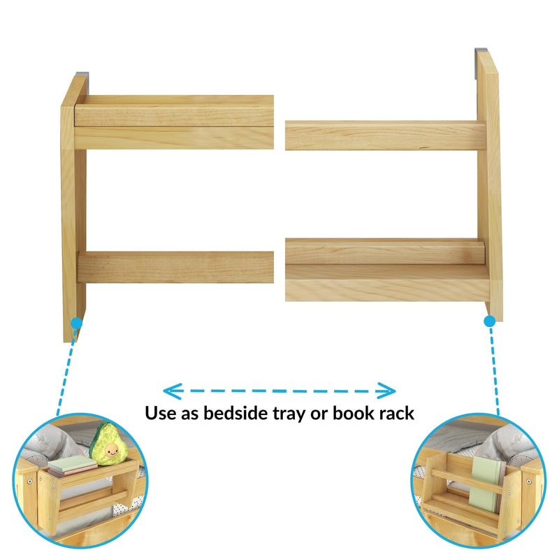Adjustable wooden bunk bed side shelf and bedside tray with built-in book rack, natural pine finish, space-saving kids storage accessory