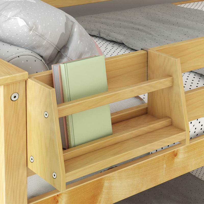 Wooden bunk bed with built-in book holder and grey polka dot bedding.