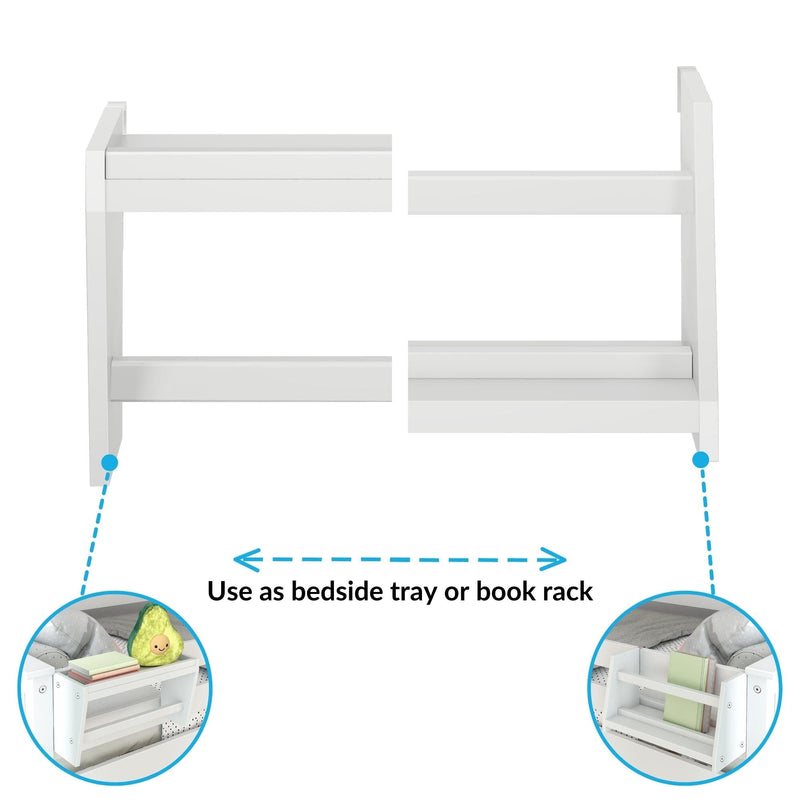 White attachable bedside tray and book rack, bed-frame-mounted shelf organizer for books, toys and bedside essentials