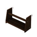Dark brown wooden two-tier wall-mounted shelf spice rack with metal mounting brackets for kitchen storage