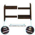 Dark espresso wooden bed rail organizer showing convertible bedside tray and book rack bedside caddy with two shelves that attaches to bunk or twin bed rails for books and small items