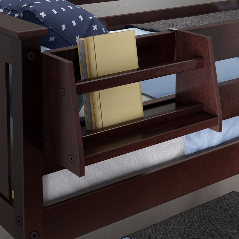 Dark mahogany wooden bunk bed ladder with integrated bookshelf holding gold books and blue patterned bedding