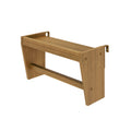 Close-up of oak wood wall-mounted shelf bracket with metal mounting plates and horizontal stretcher, rustic floating shelf support hardware