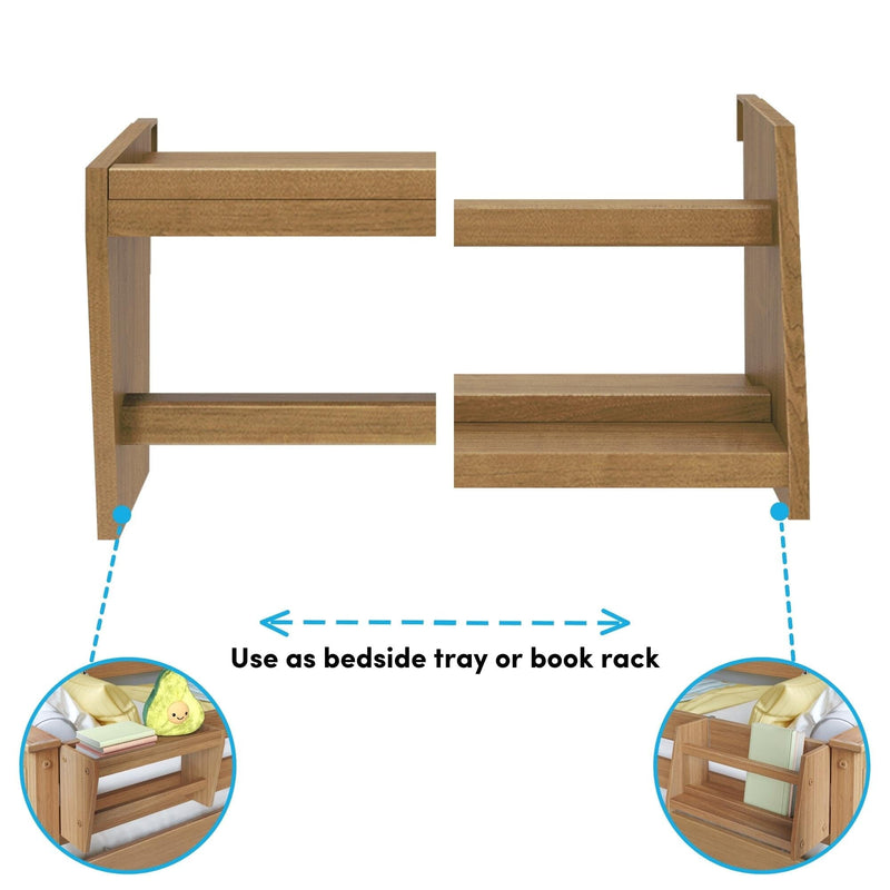 Adjustable wooden bedside tray and book rack attached to bed frame rails — oak finish bed shelf organizer for books, phone, and bedside essentials