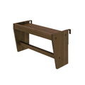 Rustic brown wooden wall-mounted entryway bench with lower support bar and metal mounting brackets