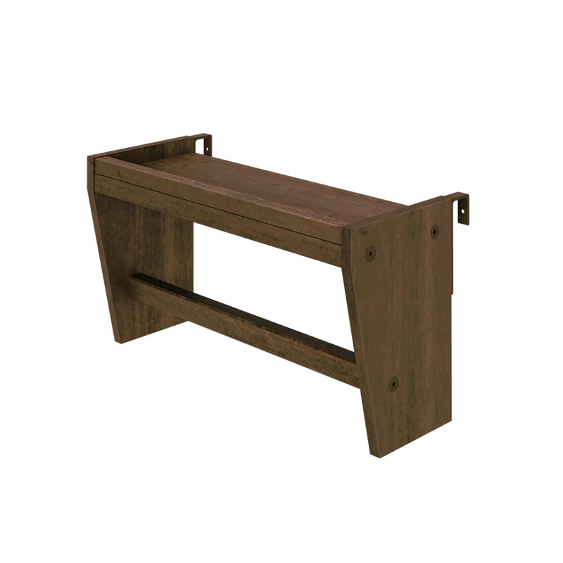 Rustic brown wooden wall-mounted entryway bench with lower support bar and metal mounting brackets
