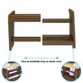 Attachable dark walnut wooden bedside tray and book rack — bed-rail organizer for books, phone, and bedside storage