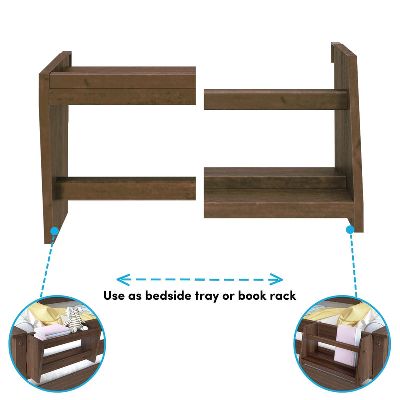 Attachable dark walnut wooden bedside tray and book rack — bed-rail organizer for books, phone, and bedside storage