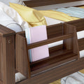 Dark walnut bed frame with built-in side bookshelf holding pastel hardcover books, yellow pillow and white bedding — bedside storage solution