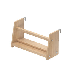 Light oak two-tier wall-mounted wooden shelf organizer with metal mounting brackets and front support rail for kitchen, bathroom, or entryway storage