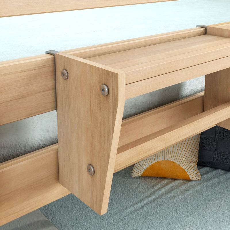 Natural light wood bunk bed rail shelf — built-in bedside storage organizer with visible metal bolts, mattress and sun-print pillow
