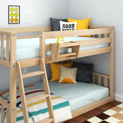 Solid pine twin-over-full bunk bed with ladder and built-in shelf, natural wood finish, light-blue bedding, yellow accent pillows and "Good Vibes" throw pillow in modern kids bedroom with smiley wall art