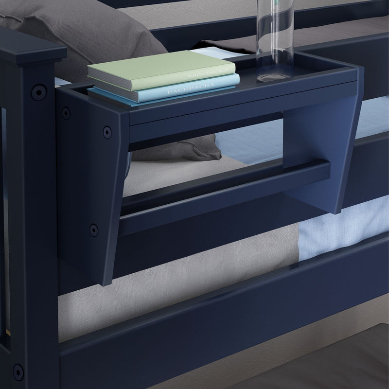 Navy blue bunk bed rail with built-in bedside shelf holding books and a water bottle, children's bedroom storage solution