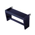 Close-up of navy blue metal wall shelf bracket with silver L-shaped mounting brackets and countersunk screw holes, heavy-duty steel floating shelf support