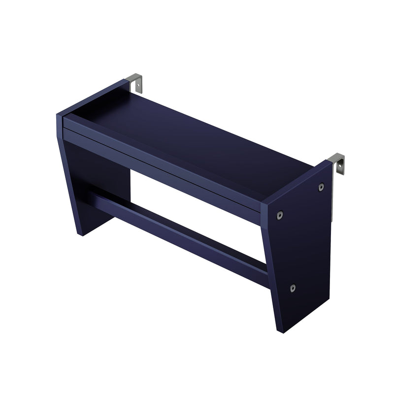 Close-up of navy blue metal wall shelf bracket with silver L-shaped mounting brackets and countersunk screw holes, heavy-duty steel floating shelf support