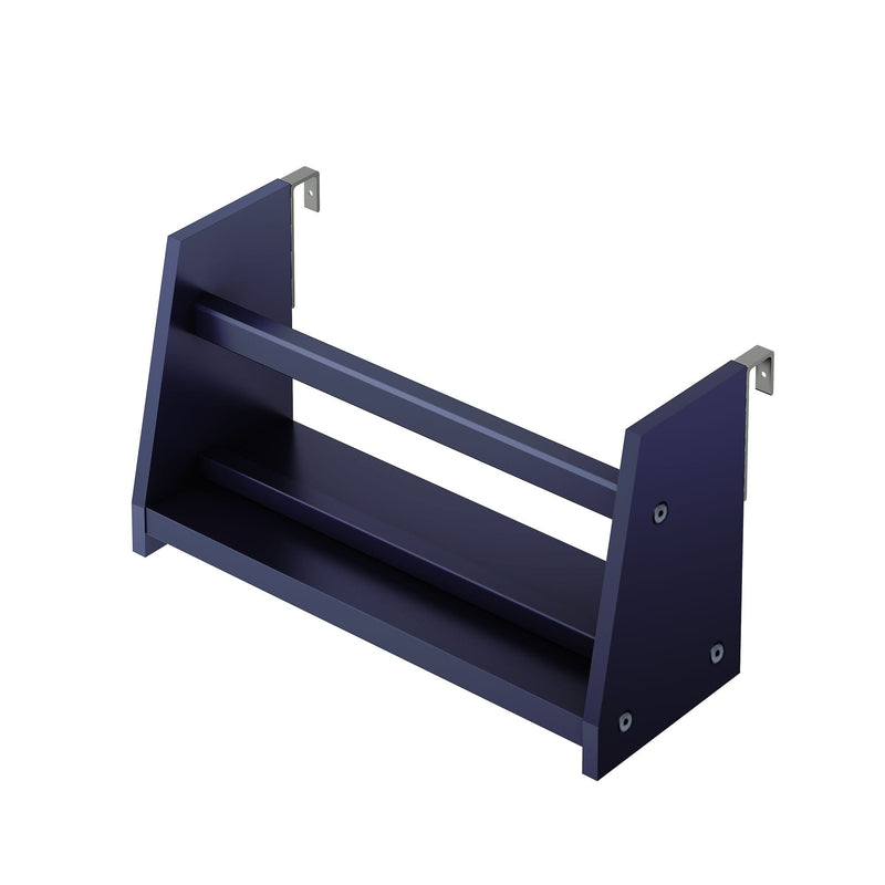 Navy blue wall-mounted two-tier shoe rack with metal mounting brackets for space-saving entryway storage