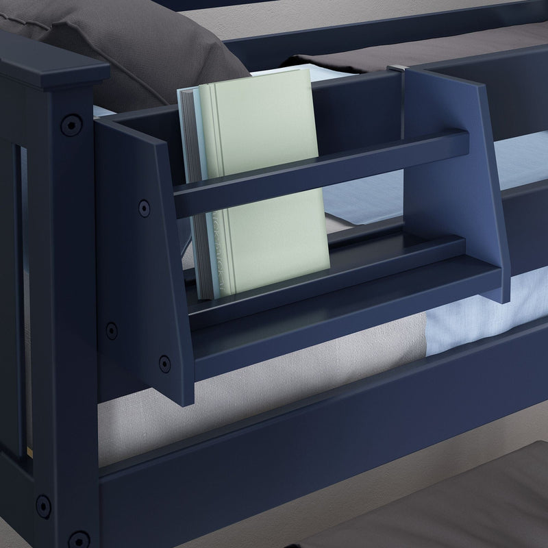 Navy blue wooden twin bunk bed with built-in side bookshelf holding books, ladder and gray bedding for a kids' bedroom