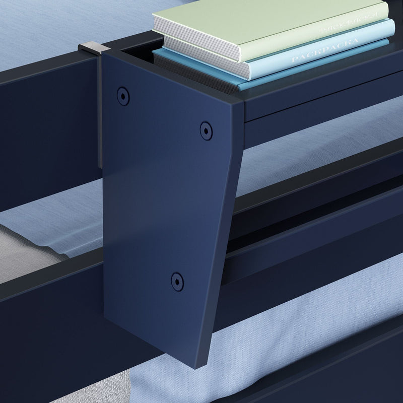 Close-up of navy blue bunk bed frame and railing with built-in shelf holding pastel books and light-blue bedding, modern kids' loft bed