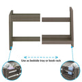 Attachable gray wood bedside tray and book rack for bed frame, two-tier shelf organizer for books, phone and bedside accessories