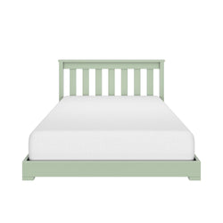 Elegant light green wooden bed frame with slatted headboard and white mattress.