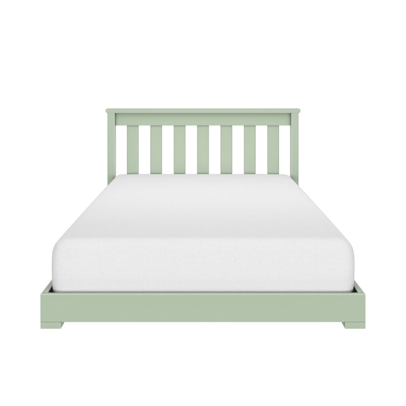 Elegant light green wooden bed frame with slatted headboard and white mattress.