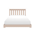 Beige wooden slatted headboard and platform bed with white mattress, minimalist twin bedroom furniture