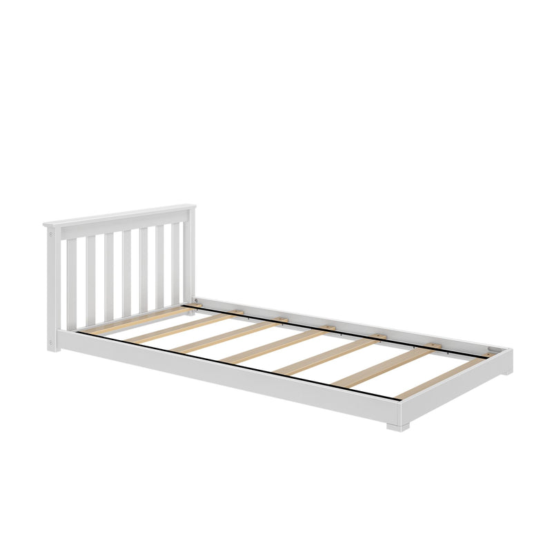 White wooden twin platform bed frame with slatted headboard, wooden mattress slats and black center support rail, low-profile modern farmhouse style
