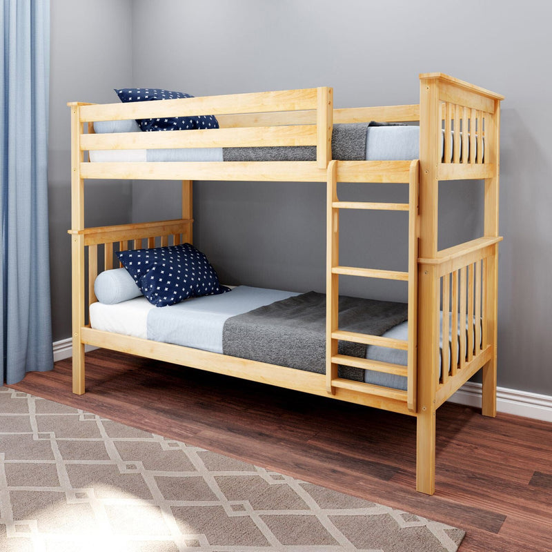 Wooden bunk bed with blue bedding in a modern bedroom setting.