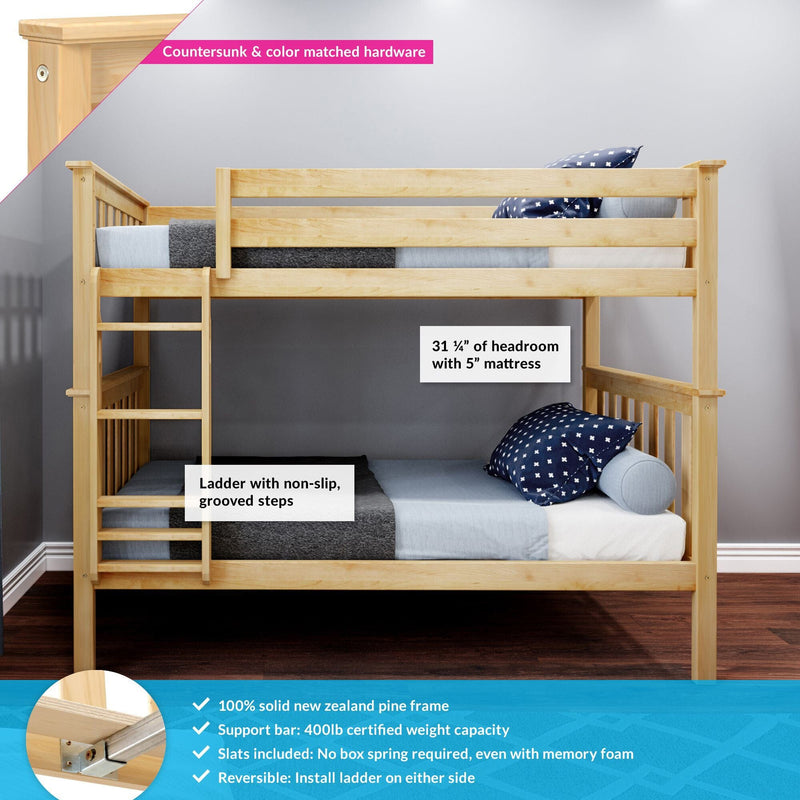 Wooden bunk bed with ladder, featuring non-slip steps and space for 5-inch mattress, New Zealand pine frame, 400lb weight capacity, and reversible ladder installation.