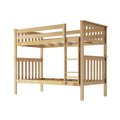 Natural pine wooden twin-over-twin bunk bed with ladder and slatted rails, sturdy space-saving children's bedroom furniture