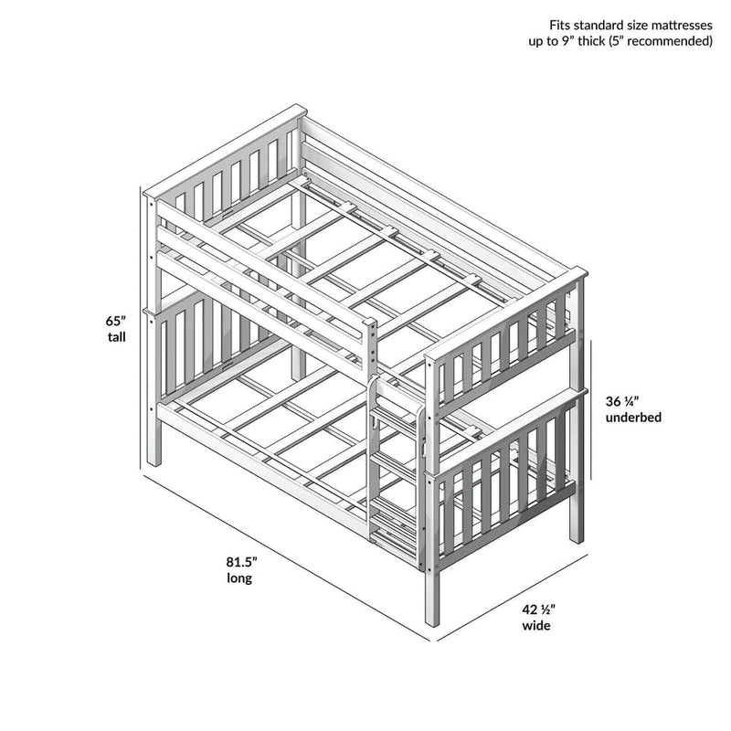 Detailed diagram of a wooden bunk bed with dimensions, showing height, width, and length.