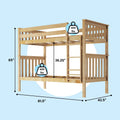 Natural solid wood twin-over-twin bunk bed with ladder and slatted guardrails, 81.5" L x 42.5" W x 65" H, 36.25" clearance, 400 lb weight capacity per bunk
