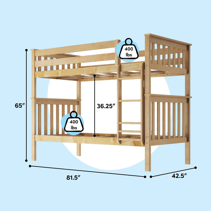 Natural solid wood twin-over-twin bunk bed with ladder and slatted guardrails, 81.5" L x 42.5" W x 65" H, 36.25" clearance, 400 lb weight capacity per bunk
