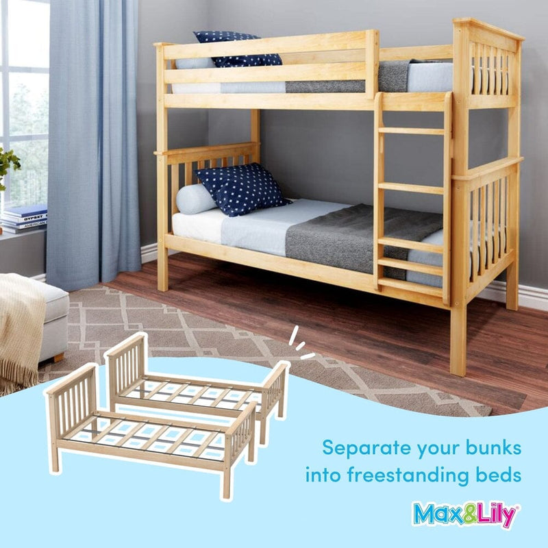Wooden bunk beds with a ladder in a modern bedroom, convertible to freestanding single beds for versatile room setup.