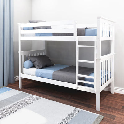 White wooden twin-over-twin bunk bed with ladder, blue and gray bedding in a modern kids' bedroom on hardwood floor