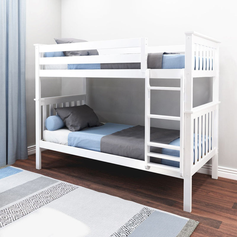 White wooden twin-over-twin bunk bed with ladder in kids bedroom, blue and gray bedding, modern space-saving design