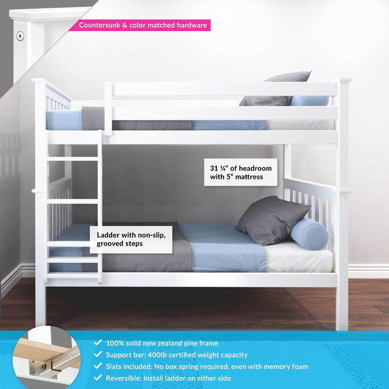 White bunk bed with non-slip ladder, solid New Zealand pine frame, 400lb weight capacity, reversible ladder installation.