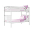 White wooden twin-over-full bunk bed with ladder and safety rails, styled with pink sheets and pillows — space-saving kids bedroom furniture