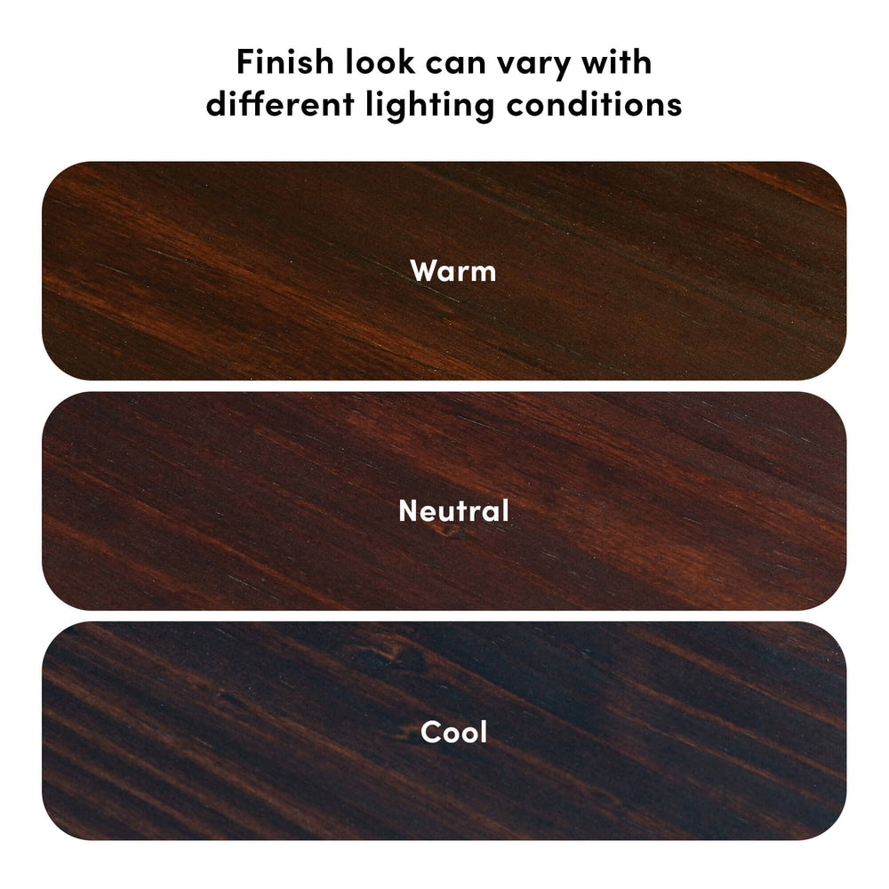 Comparison chart showing wood finish appearance under warm, neutral, and cool lighting conditions.