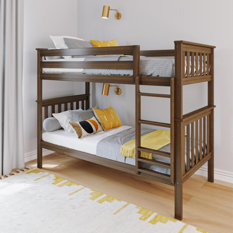 Wooden bunk bed with ladder in cozy bedroom featuring gray and yellow bedding with contemporary wall lights.