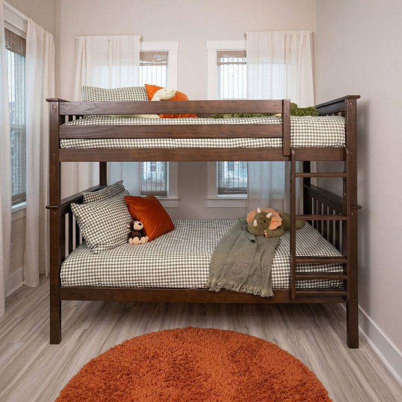 Wooden bunk bed in a children's bedroom with gray gingham bedding, orange accent pillows, plush toys, white curtains and natural light