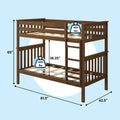 Solid wood twin-over-twin bunk bed with ladder and guardrails in walnut finish, 400 lb capacity, dimensions 81.5" L x 42.5" W x 65" H