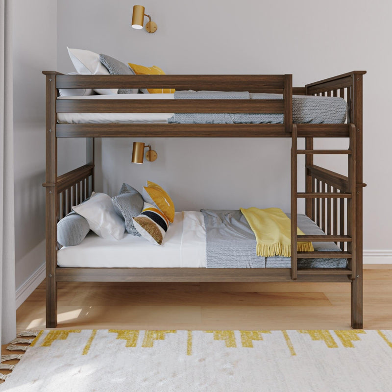 Wooden bunk bed with gray and yellow bedding in modern bedroom.