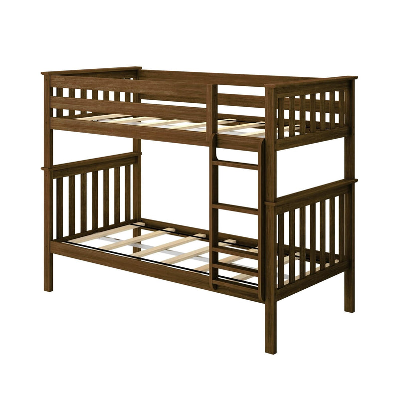 Wooden bunk bed frame with ladder and safety rails for kids' bedroom furniture.